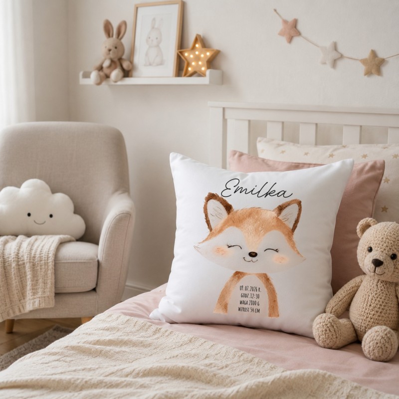 PODUSZKA Z METRYCZKĄ DZIECKA 40×40 CM PAMIĄTKA Z PERSONALIZACJĄ NA PREZENT