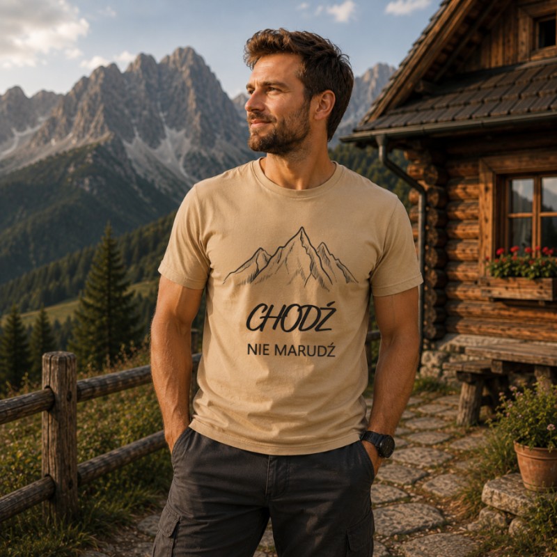 KOSZULKA MĘSKA Z NADRUKIEM GÓR TREKING HIKING BAWEŁNA NA PREZENT
