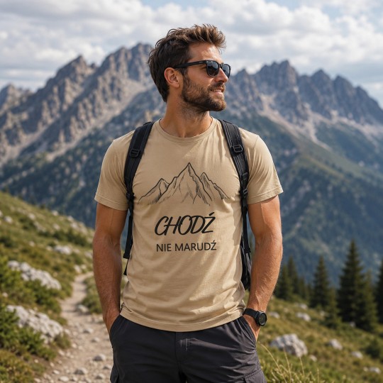 KOSZULKA MĘSKA Z NADRUKIEM GÓR TREKING HIKING BAWEŁNA NA PREZENT