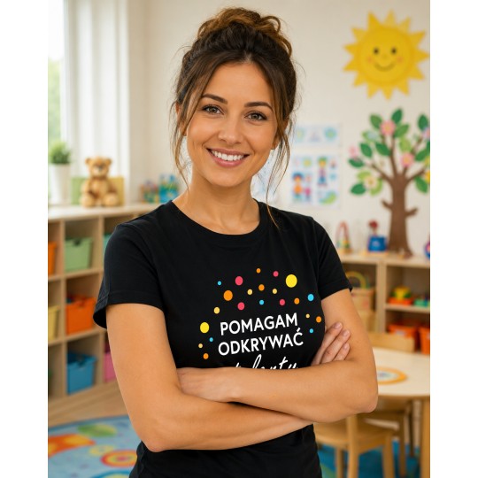 DZIEŃ KROPKI KOSZULKA DAMSKA T-SHIRT CZARNY DLA NAUCZYCIELA DO PRZEDSZKOLA
