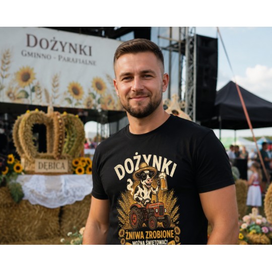 KOSZULKA DOŻYNKOWA MĘSKA Z NADRUKIEM DLA SOŁTYSA ROLNIKA NA DOŻYNKI