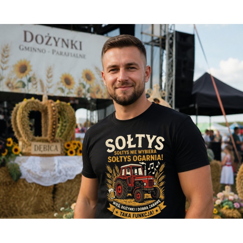 KOSZULKA DOŻYNKOWA MĘSKA Z NADRUKIEM DLA SOŁTYSA ROLNIKA NA DOŻYNKI