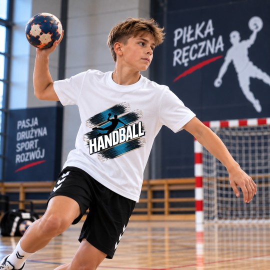 KOSZULKA MĘSKA PIŁKA RĘCZNA Z NAPISEM HANDBALL BIAŁA BAWEŁNIANA