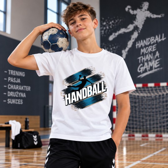 KOSZULKA MĘSKA PIŁKA RĘCZNA Z NAPISEM HANDBALL BIAŁA BAWEŁNIANA