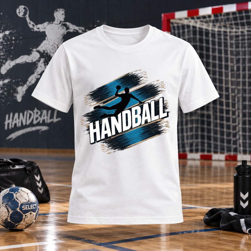 KOSZULKA MĘSKA PIŁKA RĘCZNA Z NAPISEM HANDBALL BIAŁA BAWEŁNIANA