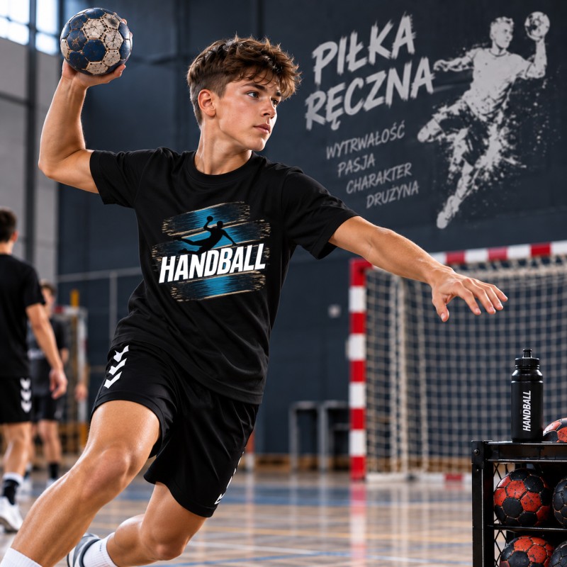 KOSZULKA MĘSKA PIŁKA RĘCZNA Z NAPISEM HANDBALL CZARNA BAWEŁNIANA