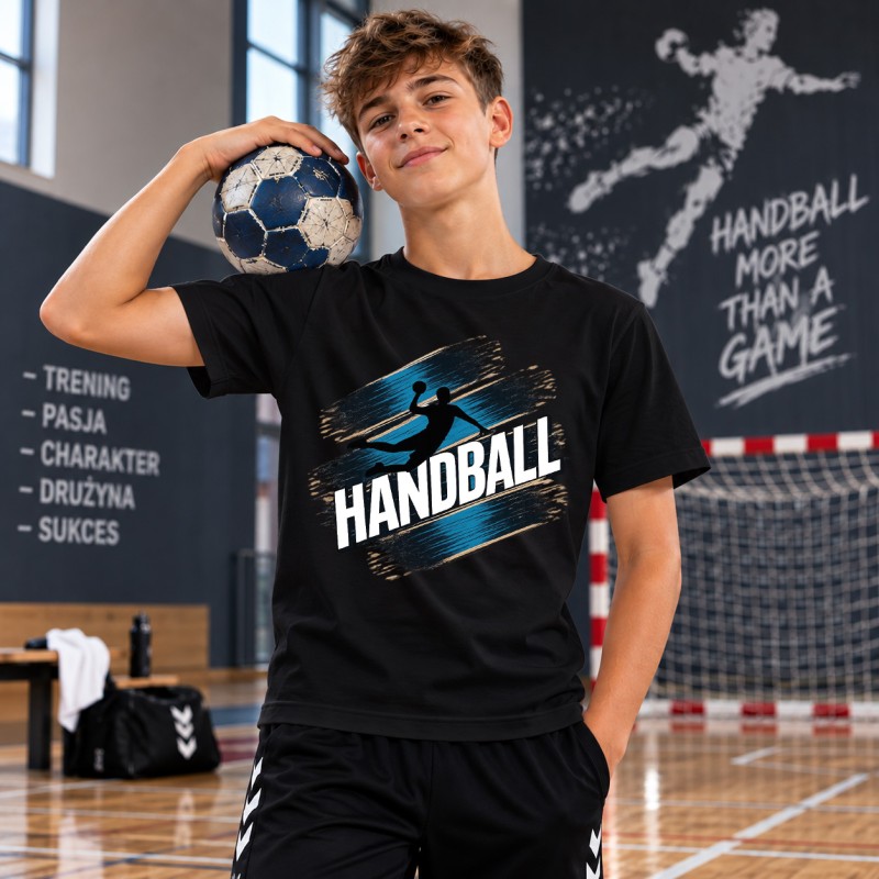 KOSZULKA MĘSKA PIŁKA RĘCZNA Z NAPISEM HANDBALL CZARNA BAWEŁNIANA