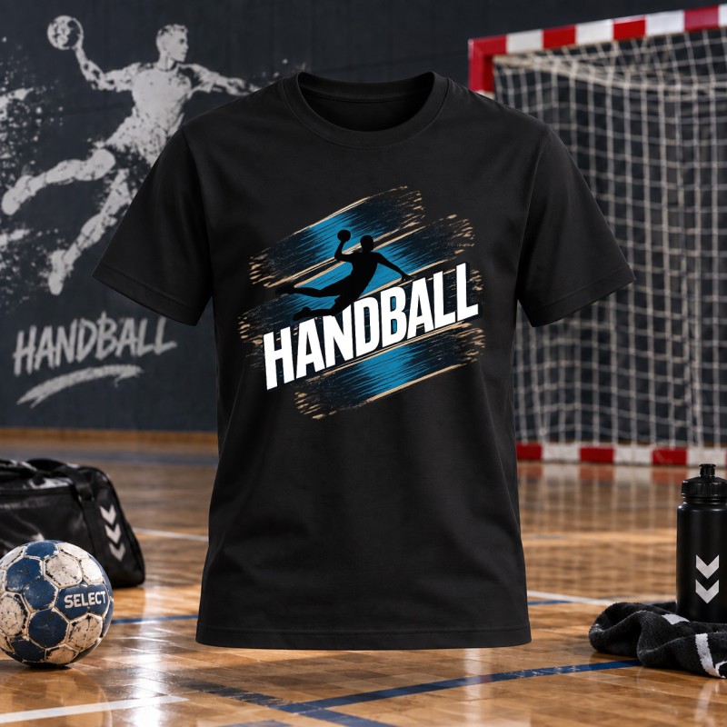 KOSZULKA MĘSKA PIŁKA RĘCZNA Z NAPISEM HANDBALL CZARNA BAWEŁNIANA