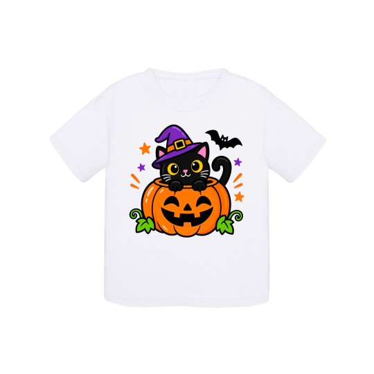 KOSZULKA BIAŁA DZIECIĘCA HALLOWEN - DYNIA Z KOTKIEM