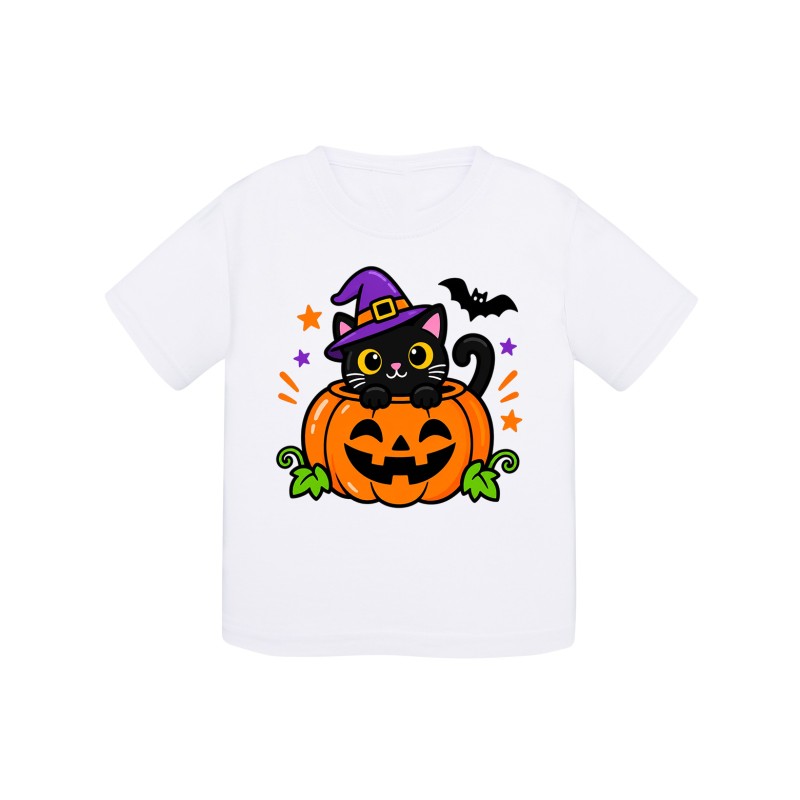 KOSZULKA BIAŁA DZIECIĘCA HALLOWEN - DYNIA Z KOTKIEM