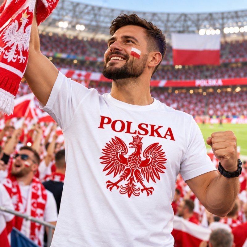 KOSZULKA KIBICA POLSKA REPREZENTACJI POLSKI MĘSKA BIAŁA BAWEŁNIANA