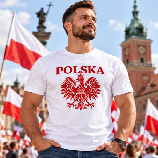KOSZULKA KIBICA POLSKA REPREZENTACJI POLSKI MĘSKA BIAŁA BAWEŁNIANA