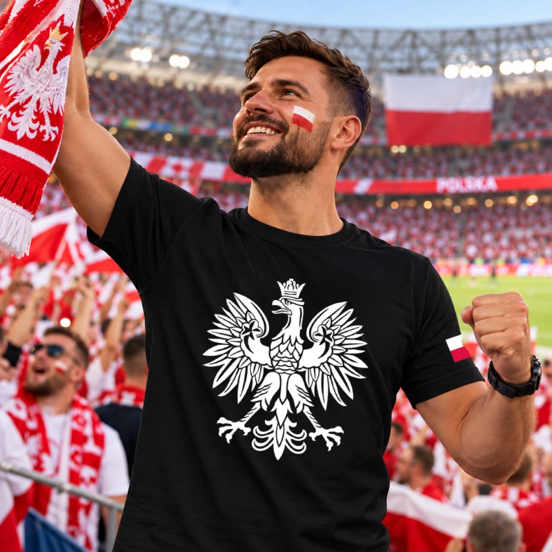 KOSZULKA KIBICA POLSKA REPREZENTACJI POLSKI MĘSKA CZARNA BAWEŁNIANA