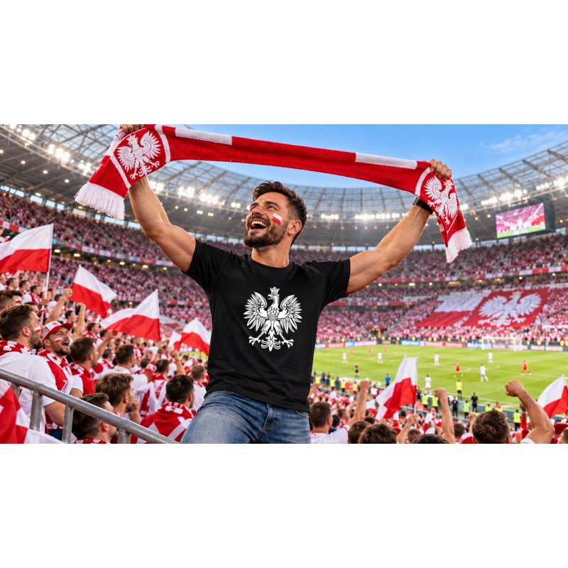 KOSZULKA KIBICA POLSKA REPREZENTACJI POLSKI MĘSKA CZARNA BAWEŁNIANA