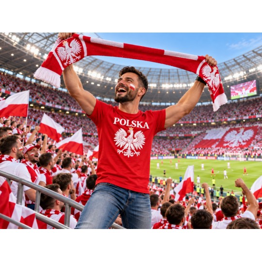 KOSZULKA KIBICA POLSKA REPREZENTACJI POLSKI MĘSKA CZERWONA BAWEŁNIANA