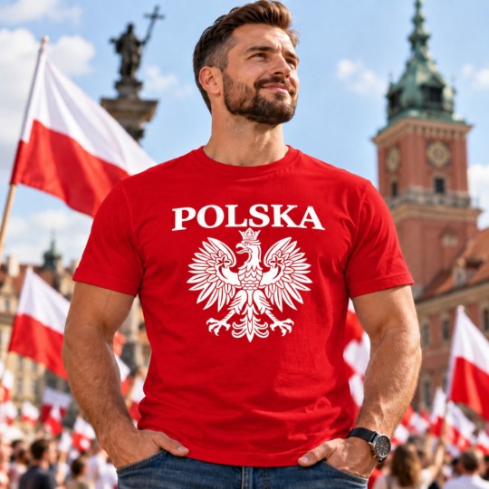 KOSZULKA KIBICA POLSKA REPREZENTACJI POLSKI MĘSKA CZERWONA BAWEŁNIANA