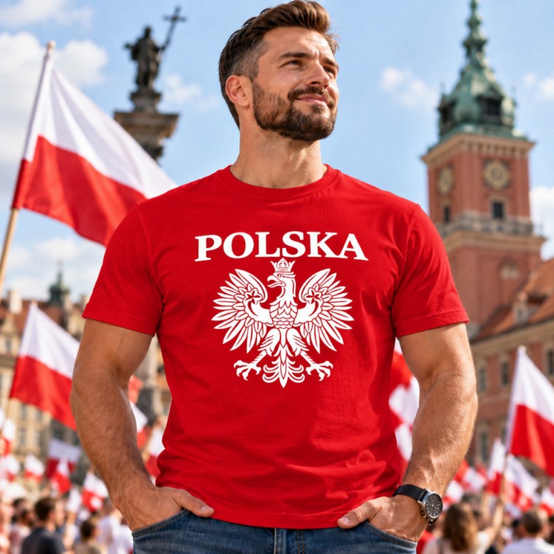KOSZULKA KIBICA POLSKA REPREZENTACJI POLSKI MĘSKA CZERWONA BAWEŁNIANA