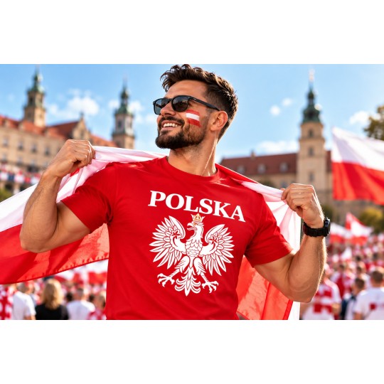KOSZULKA KIBICA POLSKA REPREZENTACJI POLSKI MĘSKA CZERWONA BAWEŁNIANA