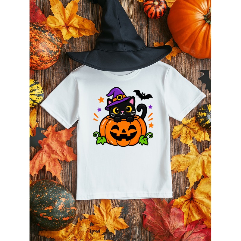 KOSZULKA BIAŁA DZIECIĘCA HALLOWEN - DYNIA Z KOTKIEM