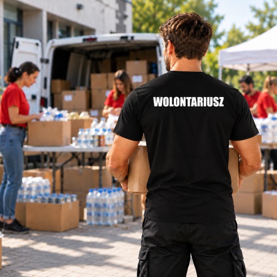 KOSZULKA MĘSKA WOLONTARIAT CZARNA BAWEŁNA NADRUK PRZÓD I TYŁ