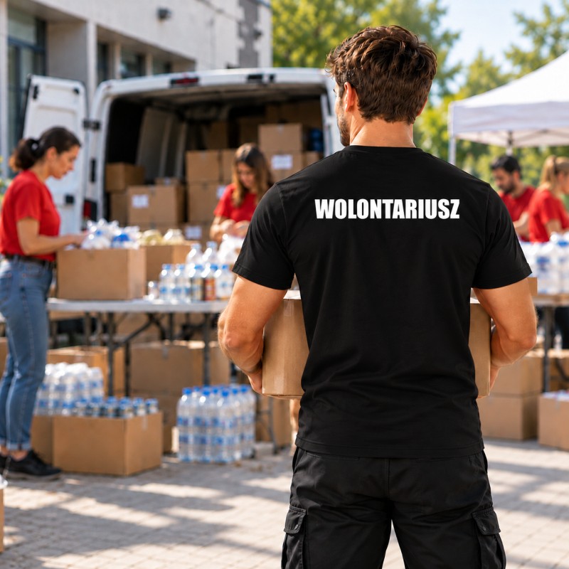 KOSZULKA MĘSKA WOLONTARIAT CZARNA BAWEŁNA NADRUK PRZÓD I TYŁ