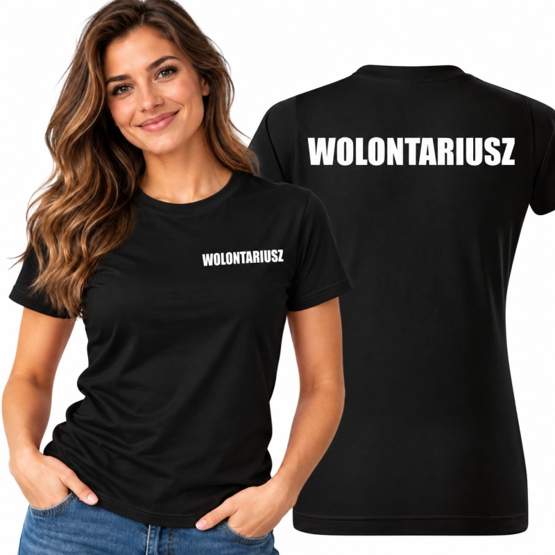 KOSZULKA DAMSKA WOLONTARIAT CZARNA BAWEŁNA NADRUK PRZÓD I TYŁ