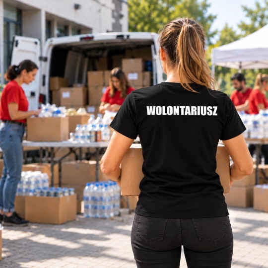 KOSZULKA DAMSKA WOLONTARIAT CZARNA BAWEŁNA NADRUK PRZÓD I TYŁ