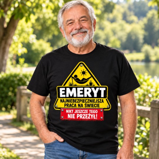 KOSZULKA MĘSKA CZARNA TSHIRT ŚMIESZNY PREZENT DLA EMERYTA HUMOR BAWEŁNA
