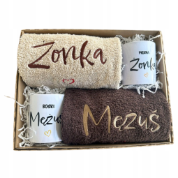 PREZENT NA ŚLUB WESELE  ZESTAW RĘCZNIKÓW Z KUBKAMI HAFT DLA PARY BRĄZOWY