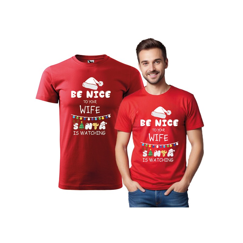 KOSZULKA MĘSKA BE NICE TO YOUR WIFE SANTA IS WATCHING BIAŁA