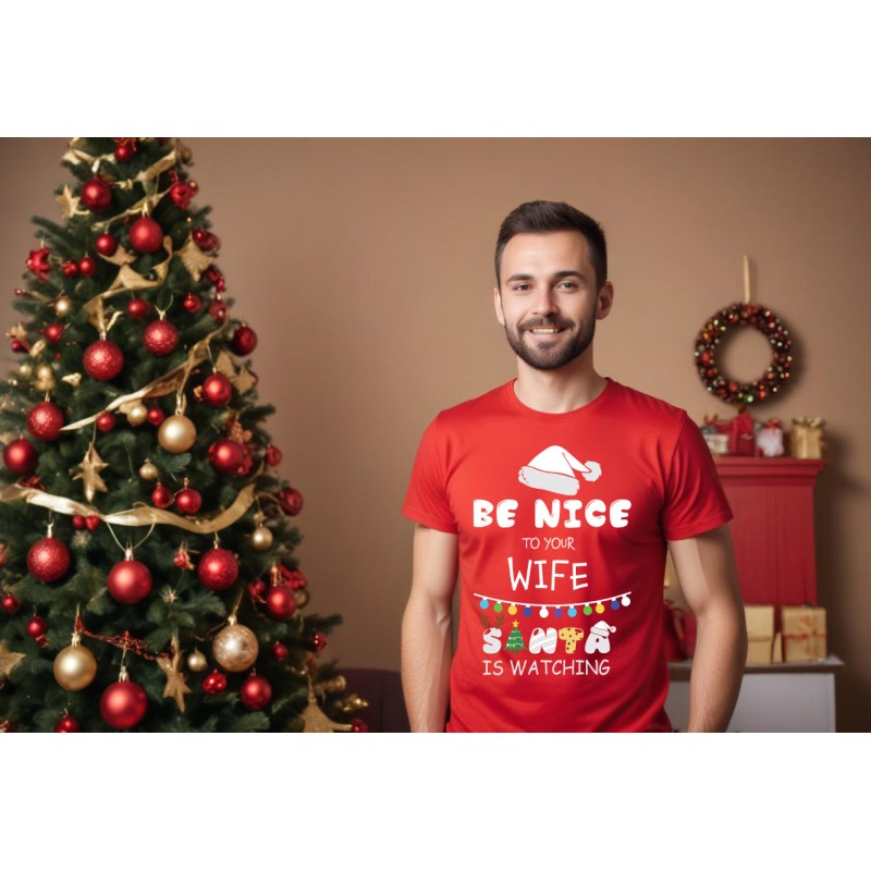 KOSZULKA MĘSKA BE NICE TO YOUR WIFE SANTA IS WATCHING BIAŁA