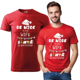 KOSZULKA MĘSKA BE NICE TO YOUR WIFE SANTA IS WATCHING CZERWONA