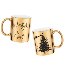 ZŁOTY KUBEK ZE ŚWIĄTECZNYM NADRUKIEM WESOŁYCH ŚWIĄT CHOINKA NA PREZENT