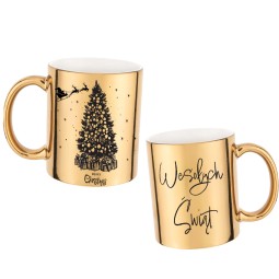 ZŁOTY KUBEK ZE ŚWIĄTECZNYM NADRUKIEM WESOŁYCH ŚWIĄT CHOINKA NA PREZENT