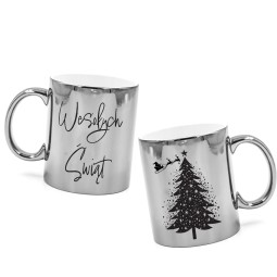 SREBRNY KUBEK ZE ŚWIĄTECZNYM NADRUKIEM WESOŁYCH ŚWIĄT CHOINKA NA PREZENT