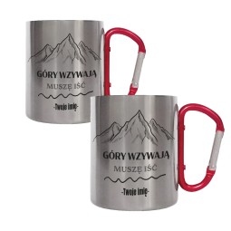 KUBEK METALOWY Z KARABIŃCZYKIEM GÓRY WZYWAJĄ GÓRY KUBEK SREBRNY IMIĘ 300ml