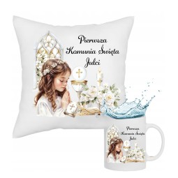 Pamiątka I Komunii Św. Zestaw Poduszka Kubek Na Prezent Personalizacja