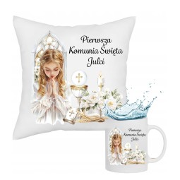 Pamiątka I Komunii Św. Zestaw Poduszka Kubek Na Prezent Personalizacja Imię